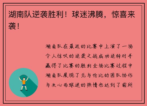湖南队逆袭胜利！球迷沸腾，惊喜来袭！