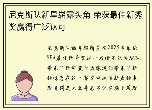 尼克斯队新星崭露头角 荣获最佳新秀奖赢得广泛认可